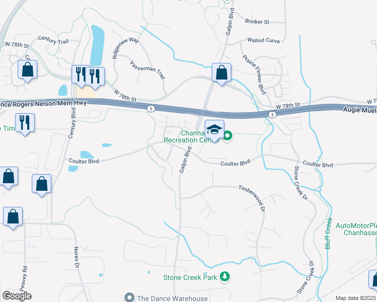 map of restaurants, bars, coffee shops, grocery stores, and more near 2300 Coulter Boulevard in Chanhassen