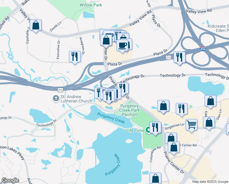 map of restaurants, bars, coffee shops, grocery stores, and more near 12950 Technology Dr in Eden Prairie