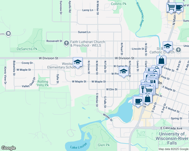 map of restaurants, bars, coffee shops, grocery stores, and more near 221 North Winter Street in River Falls