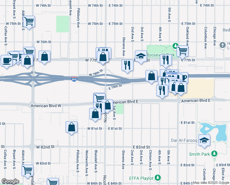 map of restaurants, bars, coffee shops, grocery stores, and more near 50 American Boulevard East in Minneapolis