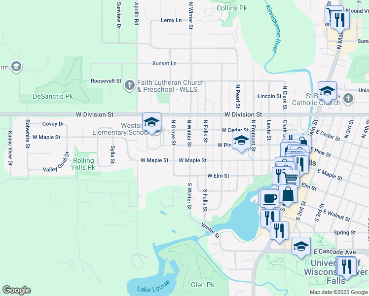map of restaurants, bars, coffee shops, grocery stores, and more near 221 North Winter Street in River Falls