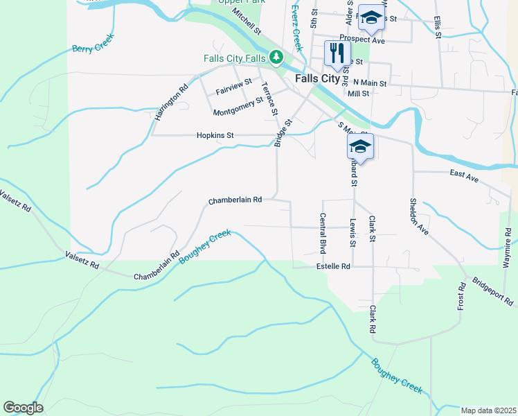 map of restaurants, bars, coffee shops, grocery stores, and more near 432 Chamberlain Road in Falls City