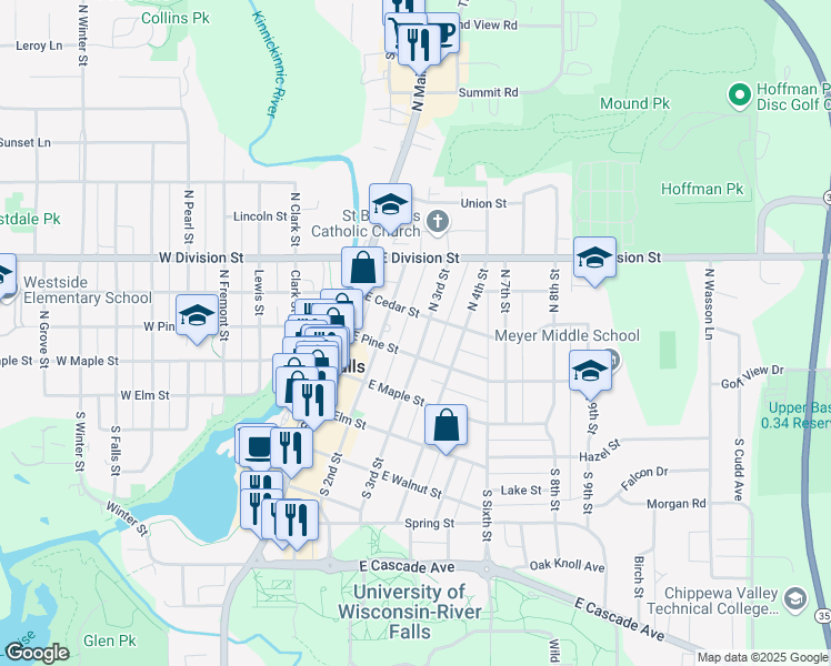 map of restaurants, bars, coffee shops, grocery stores, and more near 317 North 3rd Street in River Falls