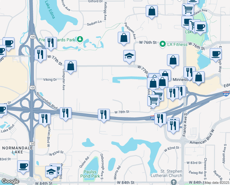 map of restaurants, bars, coffee shops, grocery stores, and more near 4460 West 78th Street Circle in Bloomington