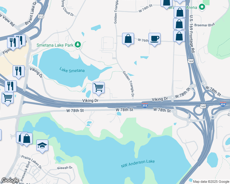 map of restaurants, bars, coffee shops, grocery stores, and more near 10260 Viking Drive in Eden Prairie