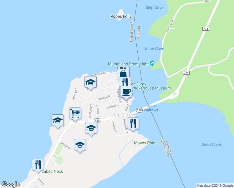 map of restaurants, bars, coffee shops, grocery stores, and more near 6 School Street in Lubec