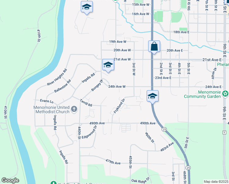 map of restaurants, bars, coffee shops, grocery stores, and more near 412 24th Avenue West in Menomonie