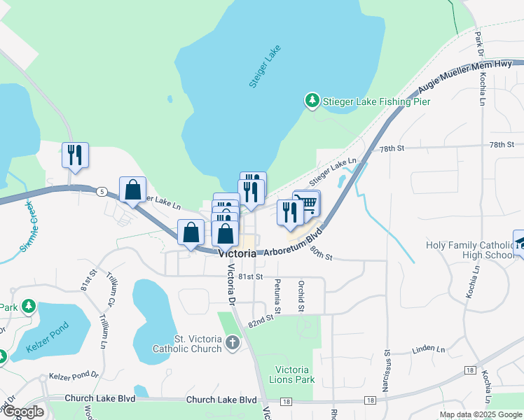 map of restaurants, bars, coffee shops, grocery stores, and more near 1699 Stieger Lake Lane in Victoria