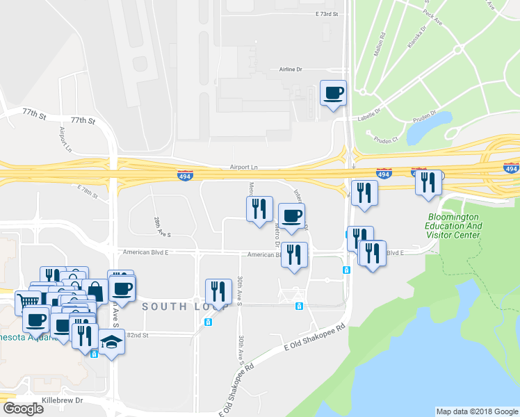 map of restaurants, bars, coffee shops, grocery stores, and more near 7851 Metro Parkway in Bloomington