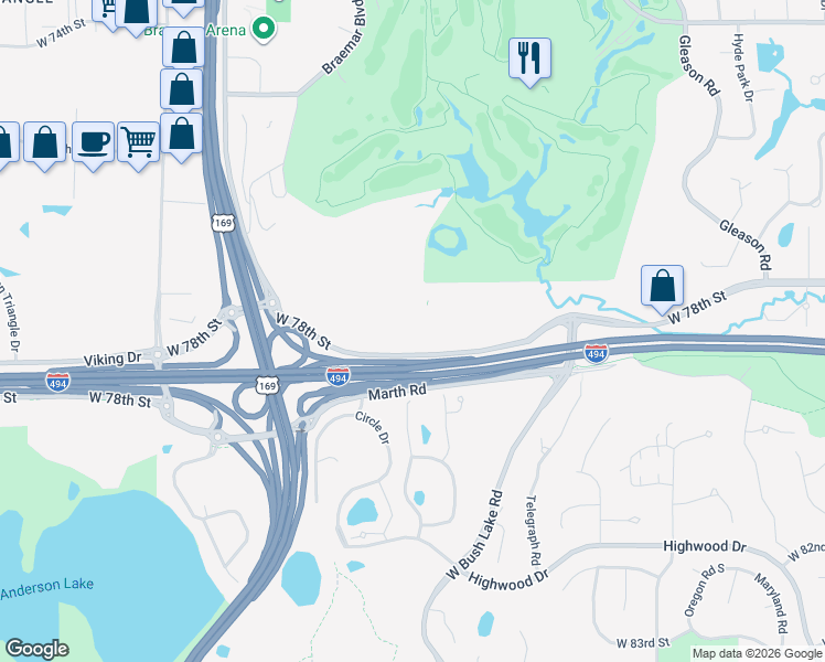 map of restaurants, bars, coffee shops, grocery stores, and more near 8000 West 78th Street in Edina