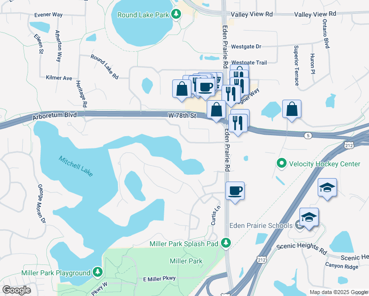 map of restaurants, bars, coffee shops, grocery stores, and more near 16647 Terrey Pine Drive in Eden Prairie