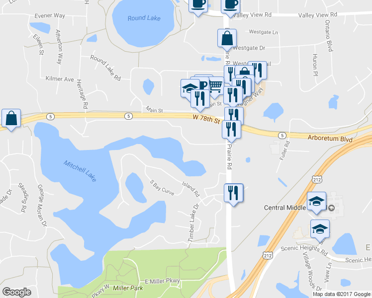 map of restaurants, bars, coffee shops, grocery stores, and more near 16647 Terrey Pine Drive in Eden Prairie