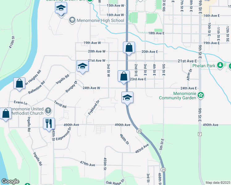 map of restaurants, bars, coffee shops, grocery stores, and more near 2416 Fryklund Drive in Menomonie