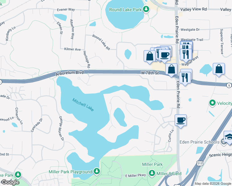 map of restaurants, bars, coffee shops, grocery stores, and more near 7978 Island Road in Eden Prairie