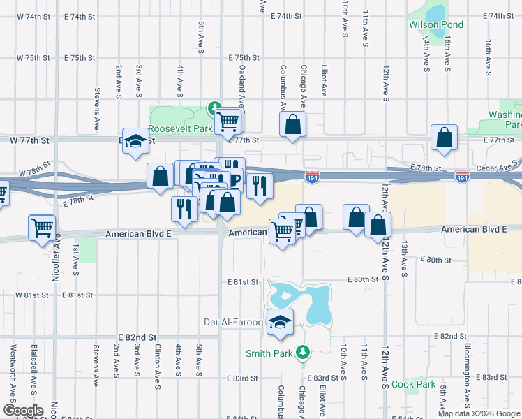 map of restaurants, bars, coffee shops, grocery stores, and more near 700 American Boulevard East in Bloomington