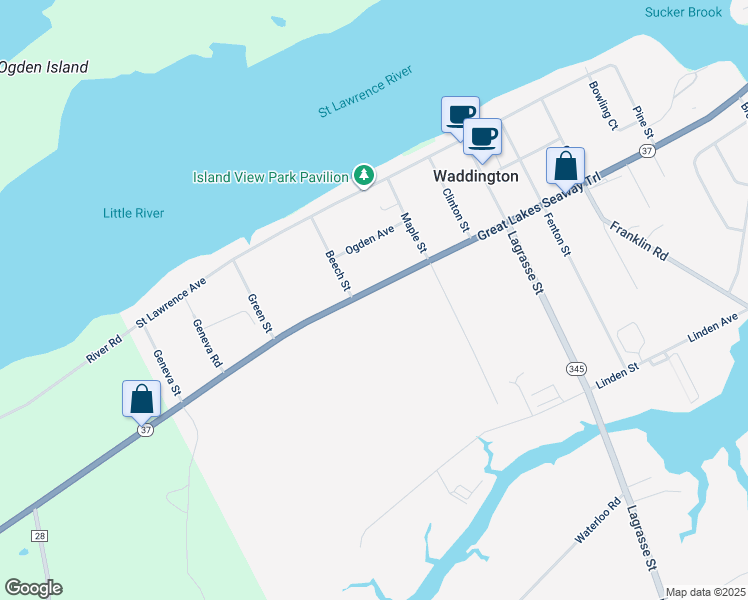 map of restaurants, bars, coffee shops, grocery stores, and more near 64 Lincoln Ave in Waddington