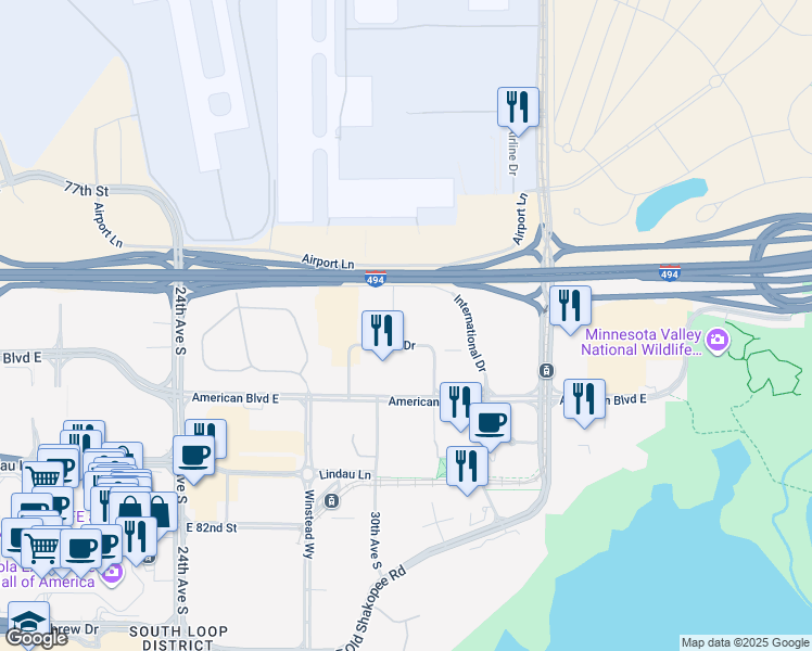 map of restaurants, bars, coffee shops, grocery stores, and more near 7851 Metro Parkway in Bloomington