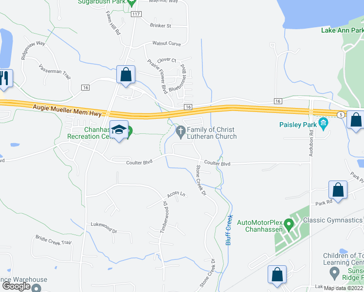 map of restaurants, bars, coffee shops, grocery stores, and more near 2020 Coulter Blvd in Chanhassen