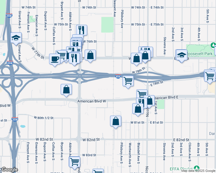 map of restaurants, bars, coffee shops, grocery stores, and more near 53 in Minneapolis