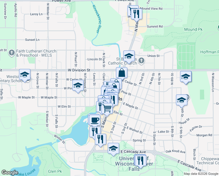 map of restaurants, bars, coffee shops, grocery stores, and more near 308 River Street in River Falls