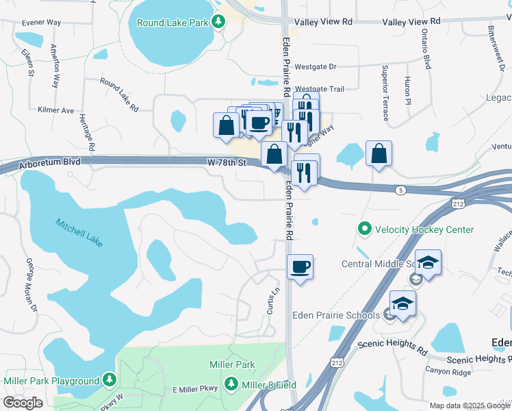 map of restaurants, bars, coffee shops, grocery stores, and more near 16535 Terrey Pine Drive in Eden Prairie