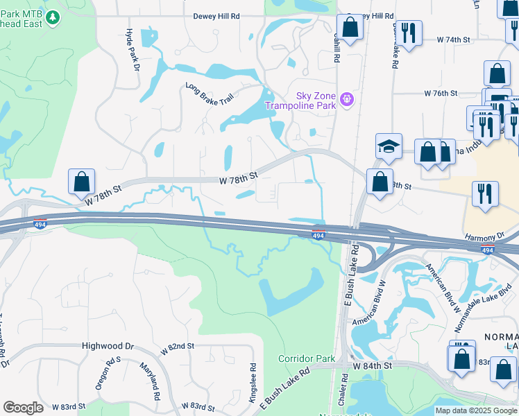 map of restaurants, bars, coffee shops, grocery stores, and more near 6625 West 78th Street in Minneapolis
