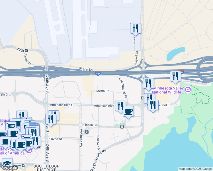 map of restaurants, bars, coffee shops, grocery stores, and more near 3050 Metro Dr in Minneapolis