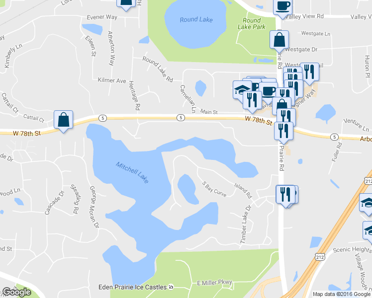 map of restaurants, bars, coffee shops, grocery stores, and more near 7978 Island Rd in Eden Prairie