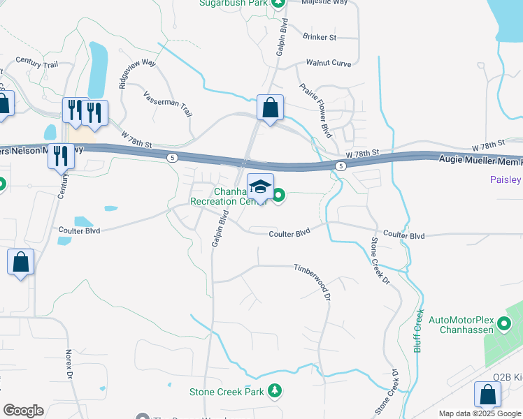 map of restaurants, bars, coffee shops, grocery stores, and more near 2300 Coulter Boulevard in Chanhassen