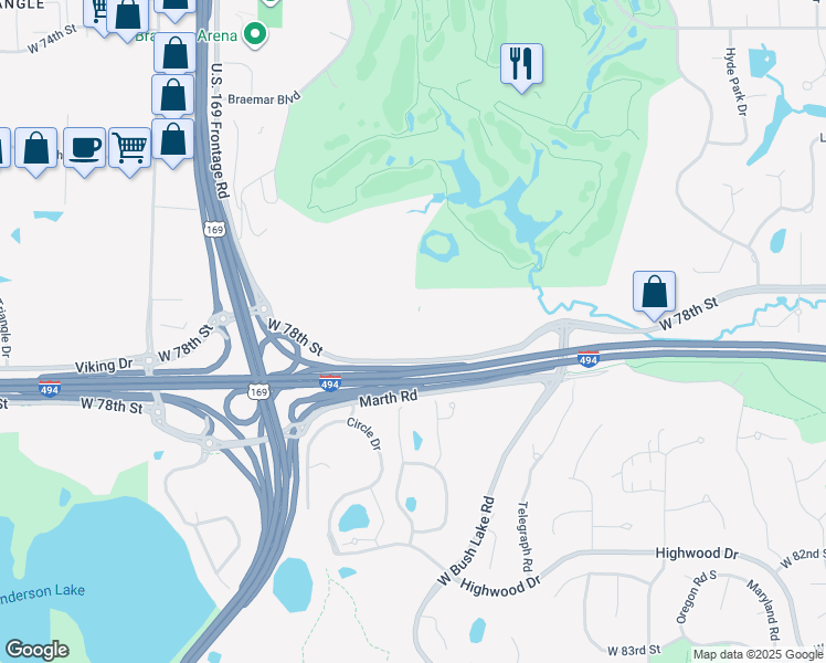 map of restaurants, bars, coffee shops, grocery stores, and more near 8000 West 78th Street in Edina