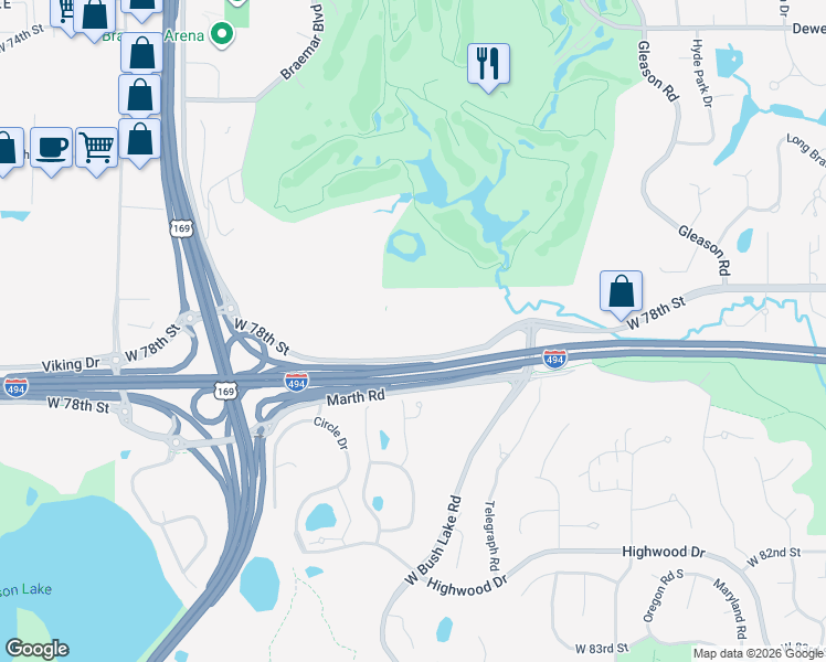 map of restaurants, bars, coffee shops, grocery stores, and more near 7900 West 78th Street in Edina
