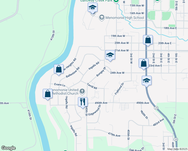 map of restaurants, bars, coffee shops, grocery stores, and more near 803 Bongey Drive in Menomonie