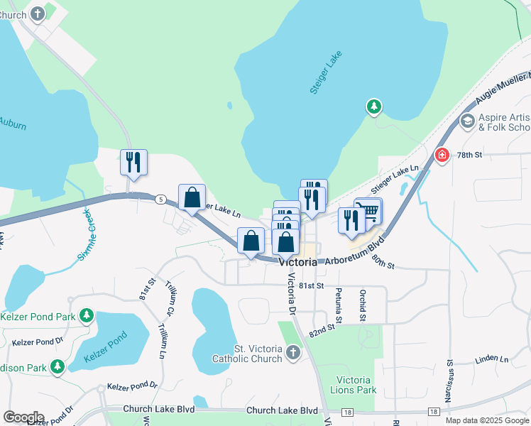 map of restaurants, bars, coffee shops, grocery stores, and more near 1776 Stieger Lake Lane in Victoria