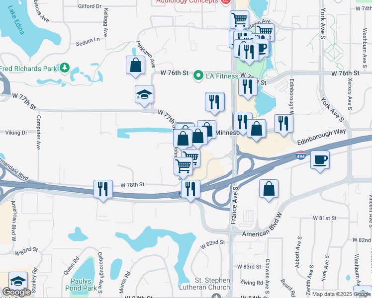 map of restaurants, bars, coffee shops, grocery stores, and more near 4240 West 78th Street in Bloomington
