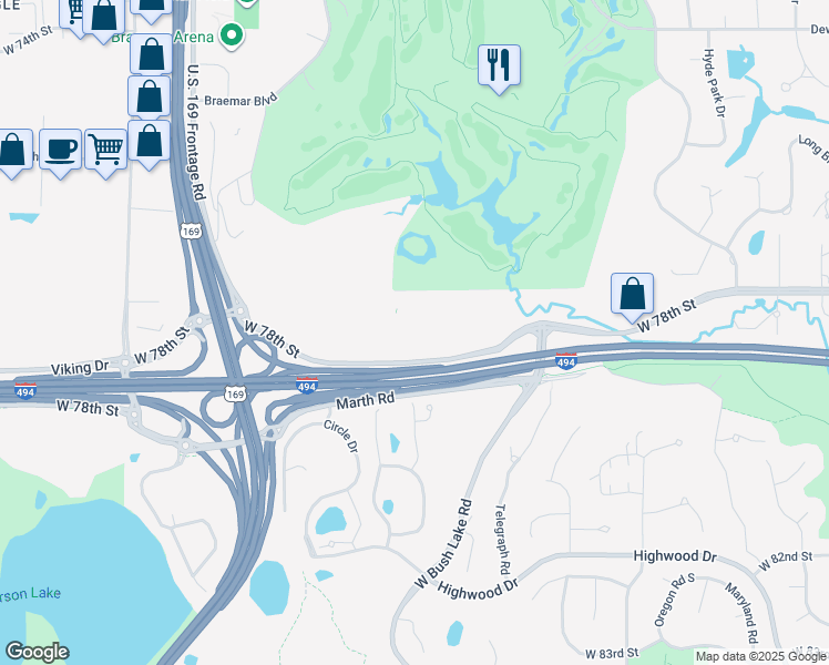 map of restaurants, bars, coffee shops, grocery stores, and more near 7900 West 78th Street in Edina