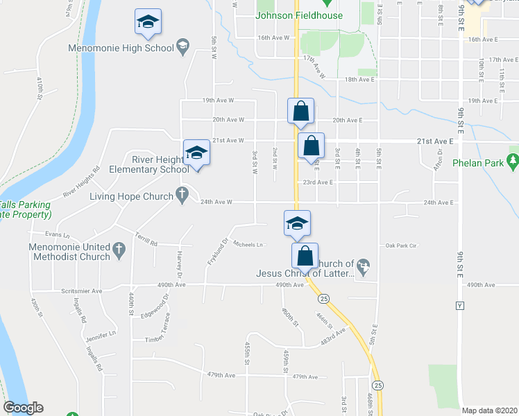 map of restaurants, bars, coffee shops, grocery stores, and more near 2402 Fryklund Drive in Menomonie