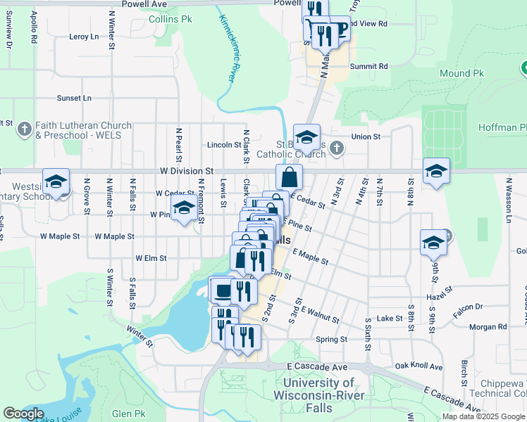 map of restaurants, bars, coffee shops, grocery stores, and more near 222 North Main Street in River Falls