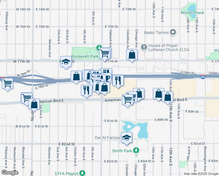 map of restaurants, bars, coffee shops, grocery stores, and more near 7845 Portland Avenue South in Bloomington