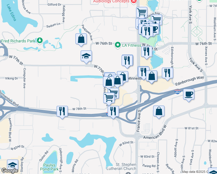 map of restaurants, bars, coffee shops, grocery stores, and more near 4200 West 78th Street in Minneapolis
