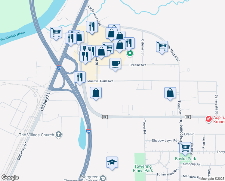 map of restaurants, bars, coffee shops, grocery stores, and more near 803 Industrial Park Avenue in Rothschild