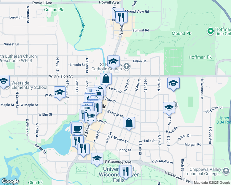map of restaurants, bars, coffee shops, grocery stores, and more near 317 North 3rd Street in River Falls