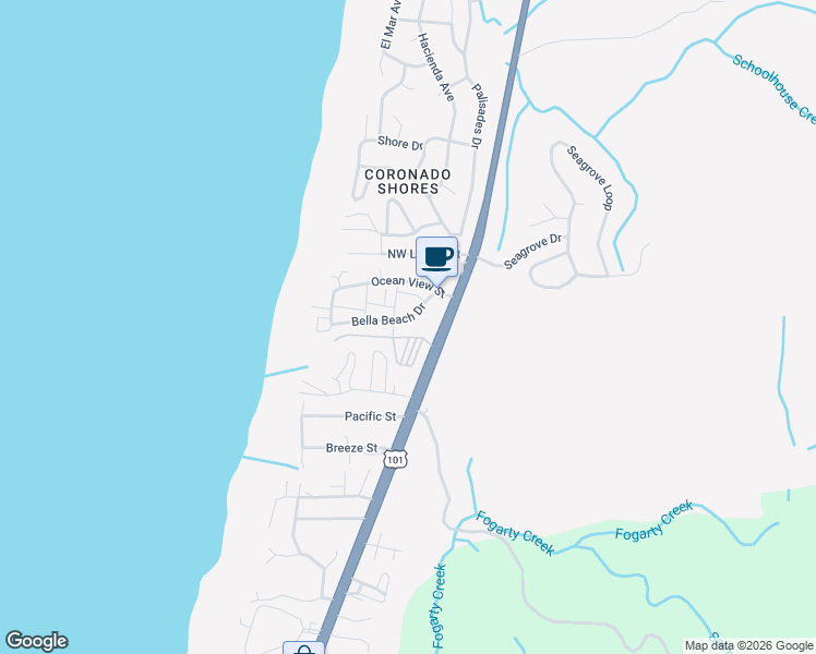 map of restaurants, bars, coffee shops, grocery stores, and more near 120 Bella Beach Drive in Depoe Bay