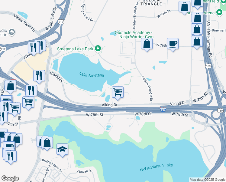 map of restaurants, bars, coffee shops, grocery stores, and more near 10400 Viking Drive in Eden Prairie