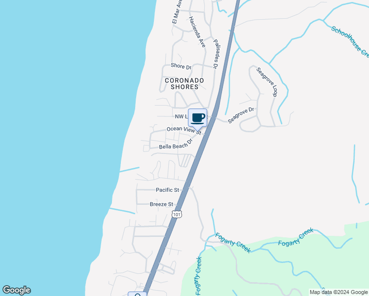 map of restaurants, bars, coffee shops, grocery stores, and more near 120 Bella Beach Drive in Depoe Bay