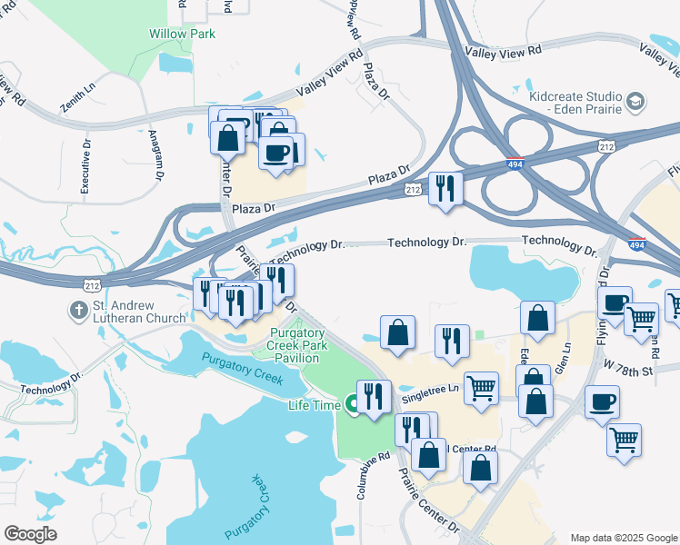 map of restaurants, bars, coffee shops, grocery stores, and more near 12125 Technology Drive in Eden Prairie