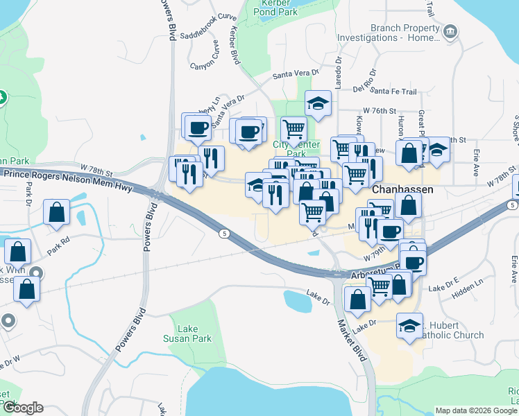 map of restaurants, bars, coffee shops, grocery stores, and more near 7808 Kerber Boulevard in Chanhassen