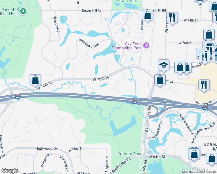 map of restaurants, bars, coffee shops, grocery stores, and more near 6625 West 78th Street in Minneapolis