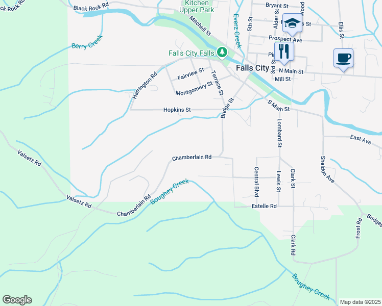 map of restaurants, bars, coffee shops, grocery stores, and more near 432 Chamberlain Road in Falls City
