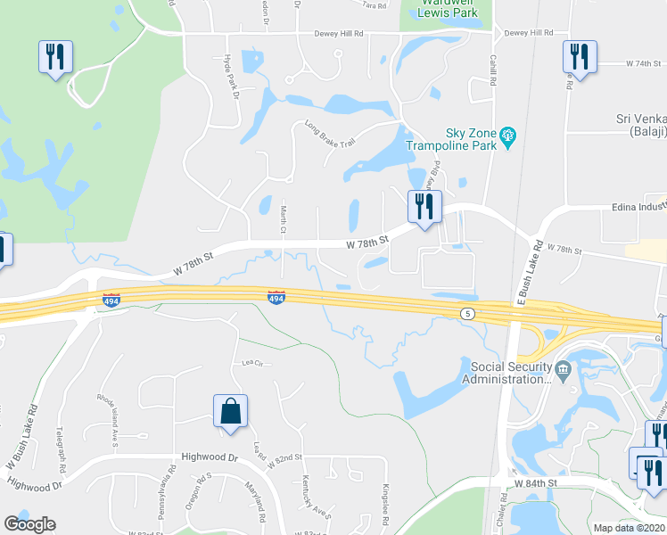 map of restaurants, bars, coffee shops, grocery stores, and more near 6701 West 78th Street in Minneapolis