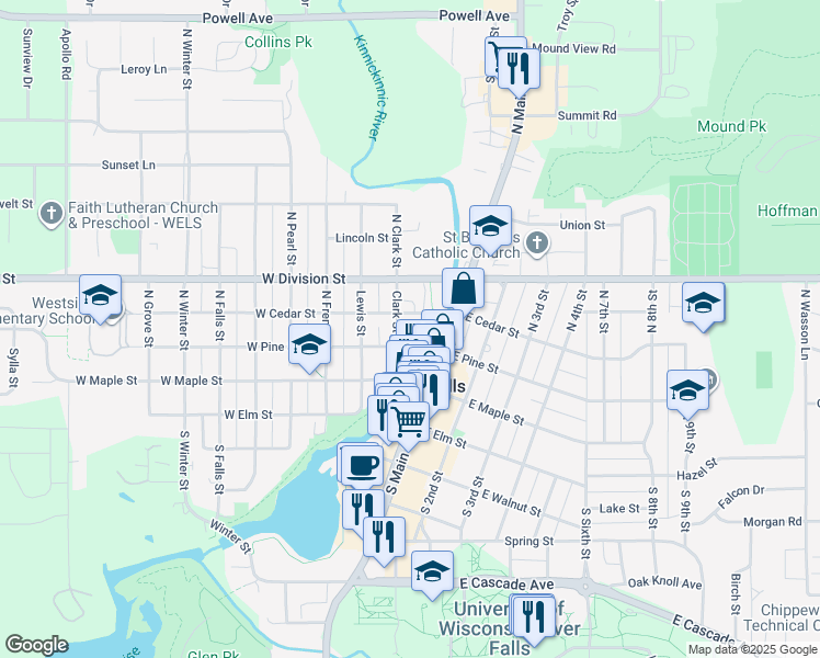map of restaurants, bars, coffee shops, grocery stores, and more near 315 River Street in River Falls